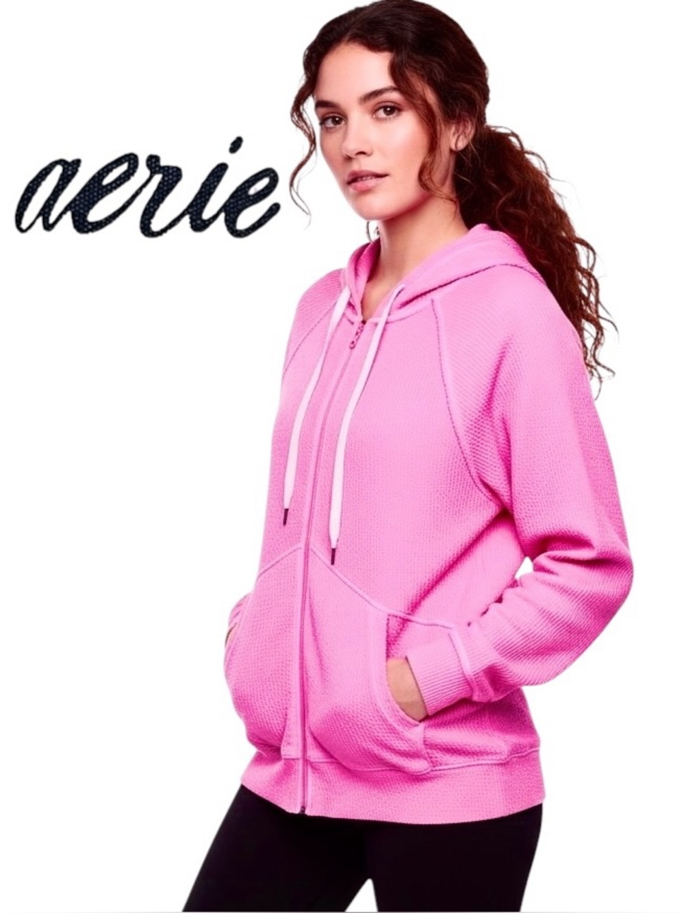 Aerie Hoodie Wonder Full Zip Textured Waffle Knit Oversized Hot Pink Jacket Sz S